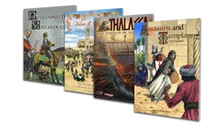 A collection of four wargaming rule booklets is displayed, showcasing their colorful covers. From left to right, the titles include "Never Mind the Matchlocks," featuring a knight and soldiers, "Valour & Fortitude," depicting a large battle scene, "Thalassa," illustrating an ancient naval battle with a ship, and "Assassins and Templars," which features characters in a historical setting. Each booklet is designed to cater to different gaming themes, from the English Civil War to Napoleonic battles and ancient naval warfare.