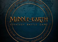 The image features the title "MIDDLE-EARTH STRATEGY BATTLE GAME" prominently displayed in a bold, stylized font, set against a textured dark blue background. Surrounding the title is a circular design that includes intricate, golden script, reminiscent of Tolkien's lore. The overall aesthetic conveys a sense of adventure and fantasy, aligning with the themes of the game.