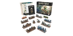 A display of the "Claws in the Sand" 2-Player Starter Set for Kings of War features a variety of miniatures and game components. The set includes two distinct armies: one with orange and brown figures, and another with blue and grey figures, arranged on bases. In the background, the box for the starter set is visible, showcasing artwork of warriors in battle, along with rulebooks and army lists laid out beside it.