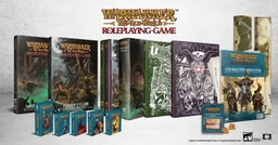 A collection of Warhammer: The Old World roleplaying game products is displayed, featuring several books and accessories. Prominently shown are the core rulebook, a player's guide, and a collector's edition, all adorned with intricate artwork. Additionally, there are packs of cards, a character sheet pad, and various dice, emphasizing the comprehensive nature of the available bundles.