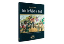 A book titled "Into the Valley of Death" from Warlord Games features a colorful cover illustration depicting a dramatic scene from the Crimean War. British and Russian soldiers are engaged in battle, with a prominent British flag and various military uniforms visible. The title and publisher's logo are displayed prominently at the top and bottom of the cover, emphasizing its connection to the Black Powder game system.