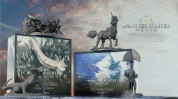 A detailed display features two intricately designed monster miniatures from the Monster Hunter World board game: the Kirin, resembling a unicorn with a dragon-like body, and the Tzitzi-Ya-Ku, which has a distinctive frill and a dynamic pose. In the background, the game box is visible, showcasing artwork of the Kirin and the title "MONSTER HUNTER WORLD: THE BOARD GAME." The overall color palette includes muted tones, enhancing the fantasy theme of the game.
