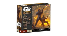 A box for the "Star Wars: Legion" game features a dynamic illustration of Kashyyyk Wookiee warriors in action, with two prominent Wookiees wielding blasters amidst a fiery backdrop. The left side of the box displays three detailed miniatures of Wookiee warriors, showcasing their distinctive fur and weaponry. The title "Kashyyyk Wookiee Warriors" is prominently displayed at the bottom, along with the game's branding and logos.