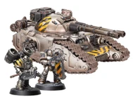 A detailed image features a large, imposing Fellblade super-heavy tank, showcasing a metallic finish with yellow hazard stripes on its turret. Flanking the tank are two MkII Assault Marines, one wielding an axe and the other holding a bolter, both adorned in similar black and yellow armor. The base of the miniatures is textured, enhancing the overall presentation of this Warhammer 40,000 scene.