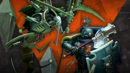 A Space Marine in dark green armor stands prominently in the foreground, wielding a large, glowing hammer and a shield adorned with intricate text and skull motifs. To the left, a Necron warrior, characterized by its skeletal frame and glowing green accents, raises a scythe-like weapon. The background features a dynamic orange geometric pattern, enhancing the tension of the scene.