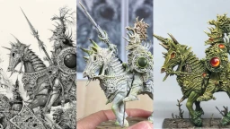 A triptych showcases the evolution of Ian Miller's Chaos beastmen illustrations into miniatures. The left panel features a detailed black-and-white illustration, while the center displays a partially painted miniature with intricate textures and a rider adorned with elaborate armor. The right panel presents a fully painted miniature, vividly colored with a striking green and gold scheme, depicting a beast with a menacing expression.