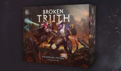 A box cover for "Grimdark Future: Broken Truth" features a dynamic illustration of two opposing factions: a menacing armored figure wielding a glowing weapon and a reptilian warrior in futuristic armor. The background showcases a chaotic battlefield with hints of advanced technology and dark, fiery colors. The title "BROKEN TRUTH" is prominently displayed at the top, with "GRIMDARK FUTURE" and "TWO PLAYER BATTLE BOX" at the bottom.