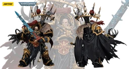 A highly detailed action figure of Abaddon the Despoiler from Warhammer 40,000 is showcased, featuring intricate armor adorned with gold and black accents. He wields a blue sword and is accompanied by the Talon of Horus, with a dramatic cape and a headdress decorated with skulls. The background features a faint image of Abaddon, emphasizing his imposing presence and the chaotic aesthetic of the character.
