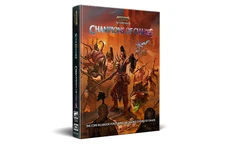 A 3D-rendered image of the "Champions of Chaos" rulebook, prominently displaying its cover art. The cover features a dynamic scene with various Chaos warriors, including a mix of armored figures and monstrous beings, set against a fiery, chaotic background. The title "Champions of Chaos" is boldly displayed at the top, with the subtitle indicating it is the core rulebook for playing Archons' Chosen of Chaos.