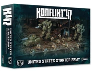 A box for the "Konflikt '47 United States Starter Army" features a detailed illustration of a battlefield scene. Prominently displayed are a U.S. tank and a large mecha, surrounded by several miniature soldiers in futuristic uniforms. The box design includes bold text with the game's title and a description of the contents, set against a dark, atmospheric background.