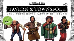 A collection of five 28mm scale, white metal miniatures is displayed, showcasing various fantasy townsfolk. The characters include a jovial barmaid, a grinning old man, a stern-looking woman in a green cloak, and two other distinct figures, each with unique clothing and expressions that reflect their roles as NPCs in a fantasy RPG setting. The background features the title "TAVERN & TOWNSFOLK" prominently, emphasizing the theme of the Kickstarter campaign.