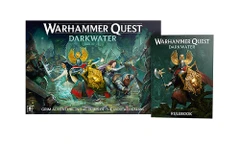 The image features the box art for "Warhammer Quest: Darkwater," showcasing a dynamic scene of heroes engaged in battle against various foes in a dark, murky environment. Prominent characters include a knight with a lion-emblazoned shield, a warrior wielding a spear, and a female character with flowing hair, all set against a backdrop of ominous creatures and ruins. To the right, the rulebook is displayed, featuring similar artwork and the title "Warhammer Quest: Darkwater."