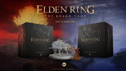 Two core boxes for the Elden Ring board game expansions, titled "Dominion of Rot" and "Machinations of the Witch," are prominently displayed. The "Dominion of Rot" box features a detailed, white wolf-like creature in the foreground, while the "Machinations of the Witch" box is positioned behind it, showcasing a character figure in a brown hue. The background features a dramatic gradient of red and blue, enhancing the fantasy theme, with the title "ELDEN RING: THE BOARD GAME - ROT & SORCERY" prominently featured at the top.