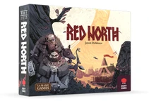 A game box for "Red North" features a stylized illustration of three warriors, including a large bearded figure and a smaller character, set against a backdrop of a Norse-inspired landscape with a tent and a large tree. The title "RED NORTH" is prominently displayed in bold red letters, with the designer's name, James Dickinson, below it. The box also includes the logos for Mighty Boards and La Mame Games.