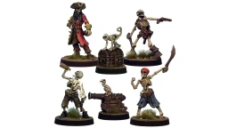 A set of five miniatures features a quartet of Skeleton Pirates and their companions. The swashbuckling captain stands prominently, dressed in a red coat and tricorn hat, while a skeletal monkey perches on a treasure chest beside him. The crew includes three additional skeletons: one holding a bottle, another brandishing a sword, and the last aiming a pistol, with a skeletal parrot sitting atop a cannon.