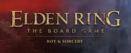 The image features the title "ELDEN RING: THE BOARD GAME" prominently displayed in a bold, metallic font, with the subtitle "ROT & SORCERY" beneath it. The background transitions from deep red to dark purple, evoking a sense of mystery and decay, while subtle textures suggest a fantastical landscape. The overall design reflects the themes of the Elden Ring universe, hinting at adventure and exploration.