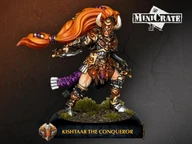 Kishtaar the Conqueror is depicted as a fierce warrior in ornate brass-faced armor adorned with intricate details and horned accents. She has long, flowing orange hair and stands confidently on a textured base with patches of grass. The figure is posed dynamically, holding a weapon in one hand, emphasizing her role as a powerful leader in the Warmachine universe. The name "KISHTAAR THE CONQUEROR" is displayed prominently at the bottom of the image.