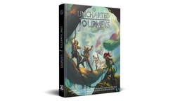 A fantasy role-playing game supplement titled "Uncharted Journeys" is prominently displayed, featuring a colorful cover illustration. The artwork depicts a diverse group of adventurers, including a warrior, a rogue, and a spellcaster, navigating a lush, mystical landscape filled with fantastical creatures and vibrant foliage. The spine of the book is visible, showcasing the title and a logo, while the tagline at the bottom invites players to undertake dangerous journeys in uncharted lands.