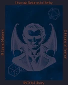 A stylized illustration of a vampire with prominent fangs and bat-like wings is centered against a dark blue background. The vampire has a serious expression, dressed in a formal suit, and is flanked by gaming elements like a twenty-sided die and a pair of dice, suggesting a tabletop gaming theme. Text on the left and right sides highlights "8 Game Masters" and "6 Hours of Terror," emphasizing the event's focus on role-playing games.