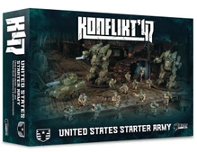 A box for the "Konflikt '47 United States Starter Army" features a dynamic scene with various miniatures and vehicles. In the foreground, several detailed figures in military attire are arranged alongside a tank and a large, mechanized walker, showcasing the game's unique blend of historical and sci-fi elements. The background depicts a war-torn environment, enhancing the thematic setting of the game.