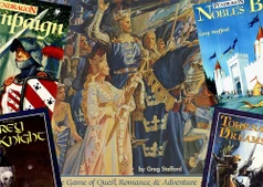 A vibrant illustration features a regal scene with King Arthur, adorned in a crown and royal attire, leading a procession of knights and nobles. Prominently displayed are the covers of various Pendragon books, including "Noble's Book" and "Tournament of Dreams," showcasing rich artwork that reflects the Arthurian theme. The background depicts a castle and banners, enhancing the atmosphere of quest and adventure.