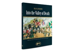 A book titled "Into the Valley of Death" from Warlord Games features a colorful cover illustration depicting a dramatic scene from the Crimean War. British and Russian soldiers are engaged in battle, with a prominent British flag and various military uniforms visible. The title and publisher's logo are displayed prominently at the top and bottom of the cover, emphasizing its connection to the Black Powder game system.