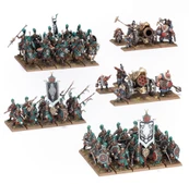 A detailed display of a Grand Cathay army features a variety of miniatures, including 30 Jade Warriors in ornate armor, equipped with hand weapons and shields or halberds, arranged in multiple units. The scene also showcases 10 Jade Lancer cavalry, two Cathayan Grand Cannons, and accompanying artillery crews, all set against a grassy base. Prominent banners and intricate details on the miniatures highlight the rich aesthetic of this new army.