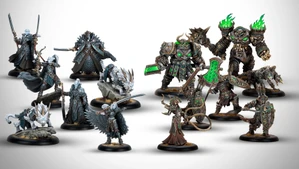 A collection of highly detailed miniatures from the new Warmachine starter set, "Frozen and Forgotten," features two distinct warbands. On the left, dark elves Nyss hunters are represented, including Lanyssa Ryssyl, a character in ornate armor, and various character warbeasts, all in dark and muted colors. On the right, the ogres Orgoth Graveborn are led by Anathia, the Imperishable Desolation, clad in heavy armor with green accents, alongside other character units, showcasing a mix of dark and metallic tones. The miniatures are set against a light background, highlighting their intricate designs.