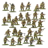 A collection of multi-part plastic miniatures representing US Airborne soldiers in early war, reinforced M42 jump uniforms. The figures are posed in various action stances, showcasing a range of weapons including rifles, submachine guns, and a bazooka, along with additional gear like magazine pouches and a signal lamp. The miniatures are set on grassy bases, highlighting their detailed sculpting and variety within the thirty-man platoon.