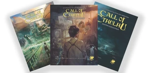The image features two books from the 50th Anniversary Collectable Slipcase Set for Call of Cthulhu. On the left, the "Investigator Handbook" showcases a character with a backdrop of mysterious images and documents, while the right side displays the "Keeper Screen Pack," featuring a dark, atmospheric cover with a lighthouse and ominous sea. Both books are adorned with the Chaosium logo, emphasizing their connection to the Cthulhu mythos.