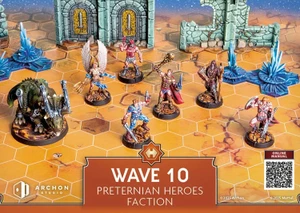 A vibrant tabletop scene features several detailed miniatures from the Preternian Heroes Faction of Masters of the Universe: Battleground. The characters, including a winged figure, a muscular warrior, and a bionic triceratops, are positioned on a hexagonal grid terrain, with a backdrop of stone ruins and crystalline structures. The bottom of the image displays a label reading "WAVE 10 PRETERNIAN HEROES FACTION" along with a QR code for an online manual.
