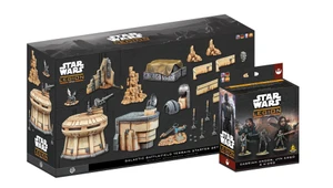 A display featuring two new Star Wars: Legion packs. The top pack, labeled "Battlefield Terrain Starter Set," showcases various terrain pieces, including modular buildings and scatter elements, designed with a Star Wars aesthetic. The bottom pack, titled "Cassian Andor, Jyn Erso & K-2SO," features three character miniatures alongside artwork of the characters, emphasizing their roles in the Star Wars universe.