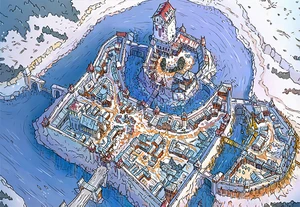 A detailed aerial view of a fictional town surrounded by water, featuring a central castle-like structure with a red roof. The town is composed of various buildings with sloped roofs, arranged in a winding layout, and connected by pathways. Surrounding the town are walls and bridges, with boats visible in the water, suggesting a vibrant community with a mix of residential and commercial areas.