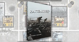 A game box for "RATTENKRIEG!" features a dramatic black-and-white image of two soldiers navigating through a war-torn landscape, emphasizing the game's focus on the Battle of Stalingrad. The title "RATTENKRIEG!" is prominently displayed in bold, white letters at the top, with the designer's name, Gottardo Zancanni, listed below. In the background, various game components, including counters and maps, are partially visible, hinting at the game's intricate mechanics and immersive experience.