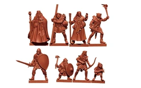 A collection of eight fantasy miniatures is displayed, sculpted in a reddish-brown material. The figures include a male wizard with a staff, a male cleric, a male fighter, a male half-elf thief, a male elf ranger, a male halfling thief, and a male human henchman, all depicted in dynamic poses. Each miniature is designed to be 28mm in scale, showcasing a variety of armor and weapons, suitable for a typical fantasy RPG party.