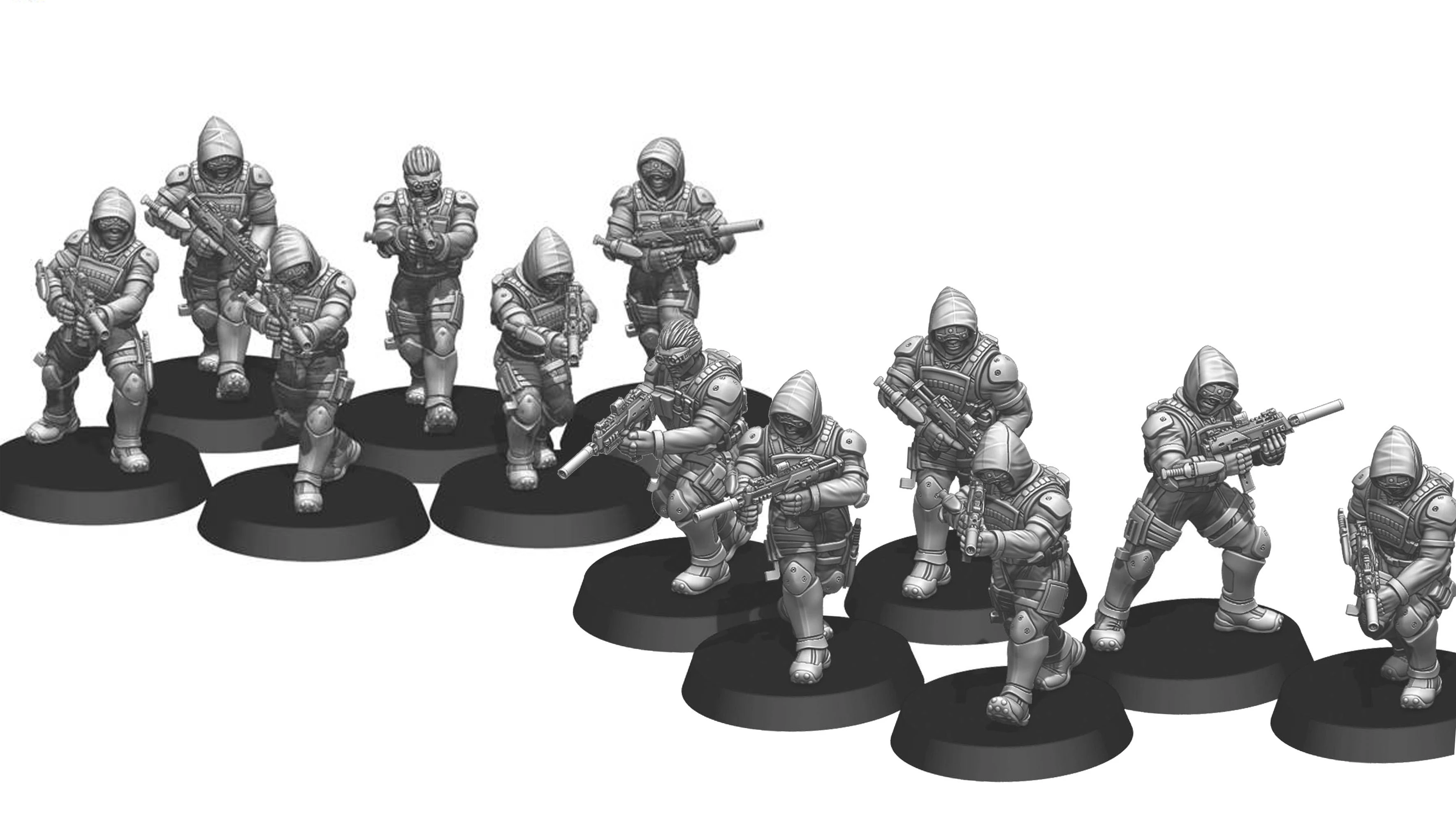 A lineup of sci-fi miniatures features stealth-suited soldiers, each equipped with various weapons including pistols and MP7s. The miniatures are depicted in a dynamic pose, showcasing both male and female operatives, all wearing hoods and body armor. Each figure stands on a circular black base, highlighting their detailed digital sculpting and 3D-printed resin design.
