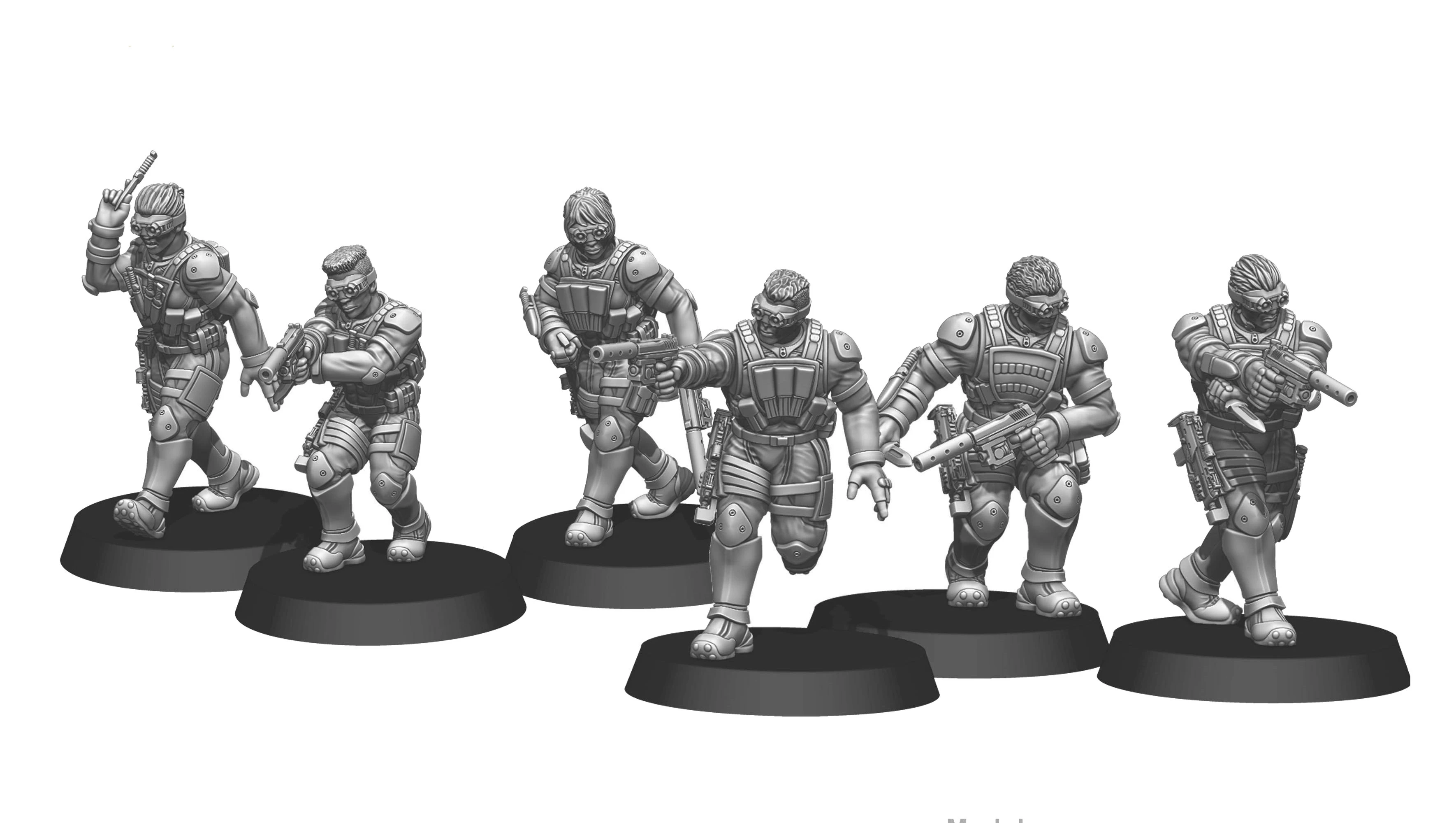 A group of four sci-fi miniatures features stealth-suited soldiers, each standing on circular bases. The miniatures are depicted in a monochromatic resin finish, showcasing a variety of tactical gear, including body armor, goggles, and weapons such as pistols and MP7s. The figures are posed dynamically, with two aiming their weapons forward, while the others are in action-ready stances.