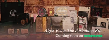 A collection of various themed props and materials is displayed on a dark surface, showcasing the upcoming Kickstarter project "Abyss Echo: The Forbidden Rite." The assortment includes intricately designed books, sealed letters, and occult artifacts, all contributing to a mysterious atmosphere. The text "Abyss Echo: The Forbidden Rite" and "Coming soon on KICKSTARTER" is prominently featured, inviting players to engage in a chilling Cthulhu Mythos adventure.