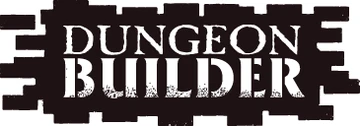 The image features the text "DUNGEON BUILDER" prominently displayed in a bold, distressed font, set against a dark background that resembles wooden planks. The letters are white with a textured appearance, giving a rugged feel that aligns with the theme of dungeon building. The overall design conveys a sense of adventure and creativity, suitable for tabletop gaming enthusiasts.