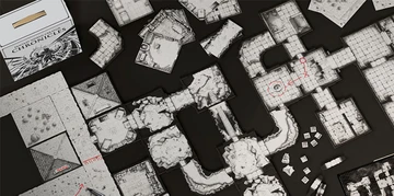 A detailed overhead view of a modular dungeon map, featuring various interconnected tiles with intricate designs representing stone floors and walls. Some tiles depict rooms and corridors, while others show circular areas and pathways. Red markings indicate specific points of interest, such as traps or objectives, enhancing the dynamic nature of gameplay.