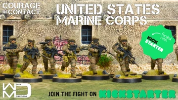 A group of five U.S. Marine miniatures is depicted, each in tactical gear and holding weapons, set against a backdrop of a weathered building with visible stone walls and a window. The miniatures are painted in a camouflage pattern, and they stand on circular bases with tufts of grass around them. The text "COURAGE IN CONTACT" and "UNITED STATES MARINE CORPS" is prominently displayed, along with a call to action to "JOIN THE FIGHT ON KICKSTARTER."