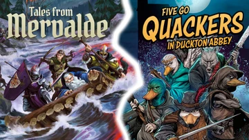 The image features two book covers side by side. On the left, "Tales from Mervalde" showcases a dramatic scene with adventurers in a boat navigating turbulent waters, surrounded by dark trees and a stormy sky. On the right, "Five Go Quackers in Duckton Abbey" displays a group of anthropomorphic ducks and a wolf, dressed in adventurer attire, set against a moonlit backdrop, emphasizing a humorous and whimsical tone. The titles are prominently displayed in bold, eye-catching fonts.