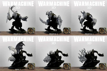 A collection of six 3D models from the Warmachine series is displayed in a grid format. The top row features three Primeval models, each showcasing unique designs with intricate details, including armor and weaponry. The bottom row presents three Feral models, characterized by their beastly forms and dynamic poses, with some featuring wings and distinctive facial features, all set against a simple background.