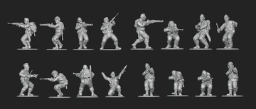 A collection of 28mm scale miniatures representing American soldiers from World War II is displayed, featuring various poses and stances. The figures include Airborne paratroopers, Rangers, and other military personnel, all intricately detailed and rendered in a metallic finish. The arrangement showcases multiple soldiers aiming weapons, gesturing, and preparing for action, highlighting the diversity of the U.S. armed forces during the 1944 campaign to liberate France.