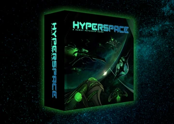 A box for the sci-fi board game "Hyperspace" is prominently displayed against a dark, starry background. The box features bold, glowing blue text of the title "HYPERSPACE" along with the subtitle "A SANDY PETERSEN GAME." The artwork on the box showcases various sleek, futuristic spacecraft in vibrant green tones, suggesting themes of interstellar exploration and competition.