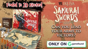 A vibrant promotional image for the 40th anniversary edition of "Ikusa Samurai Swords" features the game box prominently displayed against a textured red background. Below the box, a detailed game board depicting a map of feudal Japan is visible, along with several black samurai swords arranged in a fan shape. Bold text at the top reads "Play in 20 Minutes!" while the bottom includes a call to action stating "ONLY ON Gamefound."