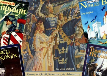 A vibrant illustration features a regal scene with King Arthur, adorned in a crown and royal attire, leading a procession of knights and nobles. Prominently displayed are the covers of various Pendragon books, including "Noble's Book" and "Tournament of Dreams," showcasing rich artwork that reflects the Arthurian theme. The background depicts a castle and banners, enhancing the atmosphere of quest and adventure.