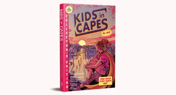 A vibrant book cover for "Kids in Capes" features a young girl with a ponytail, wearing a red cape and a pink shirt, sitting on a sidewalk. The background depicts a suburban neighborhood with houses and trees under a sunset sky. The title "KIDS in CAPES" is prominently displayed in bold, colorful letters, along with the text "COLLECTOR'S EDITION" and "YOUR ORIGIN STORY STARTS HERE!" in bright yellow.