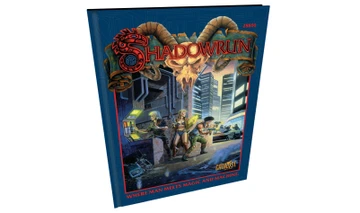 A vibrant cover of the "Shadowrun: First Edition: Anniversary Reproduction" book features a dramatic illustration of a cyberpunk scene. In the foreground, three characters—a woman with a futuristic outfit and weapons, a man with cybernetic enhancements, and another character wielding a firearm—are depicted in an urban environment filled with neon lights and towering buildings. The title "SHADOWRUN" is prominently displayed at the top, accompanied by the tagline "WHERE MAN MEETS MAGIC AND MACHINE" at the bottom, all set against a blue background with intricate circuit patterns.
