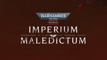 The image features the title "IMPERIUM MALEDICTUM" prominently displayed in bold, white lettering against a dark red background. Above the title, the "WARHAMMER 40,000" logo is showcased in a metallic blue and silver design, with the word "ROLEPLAY" highlighted in a red hexagon. The overall aesthetic conveys a sense of ominous grandeur, fitting for the Warhammer 40,000 universe.